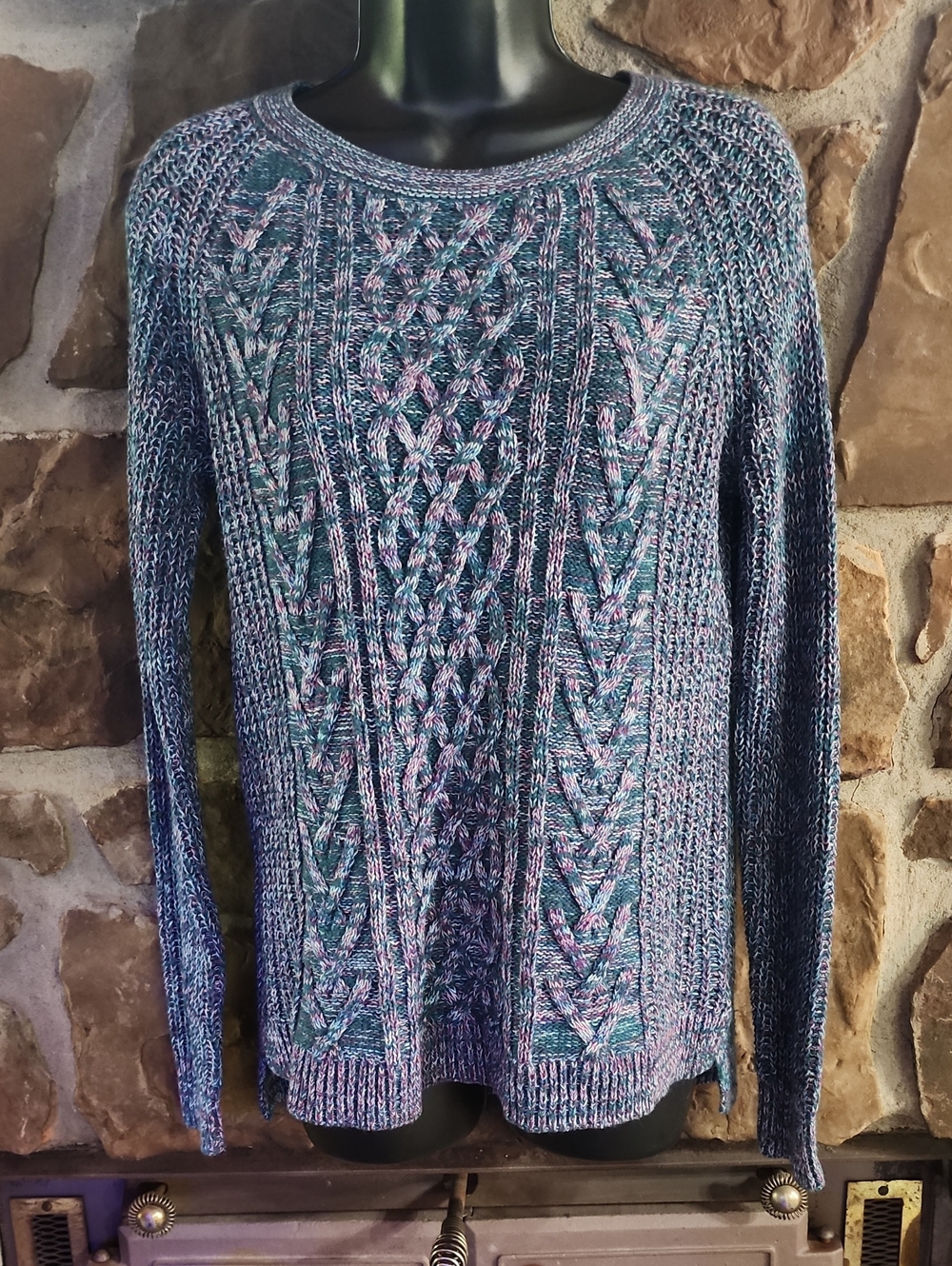 Cable-Knit Multicolor Crewneck Sweater - Blue/Purple
